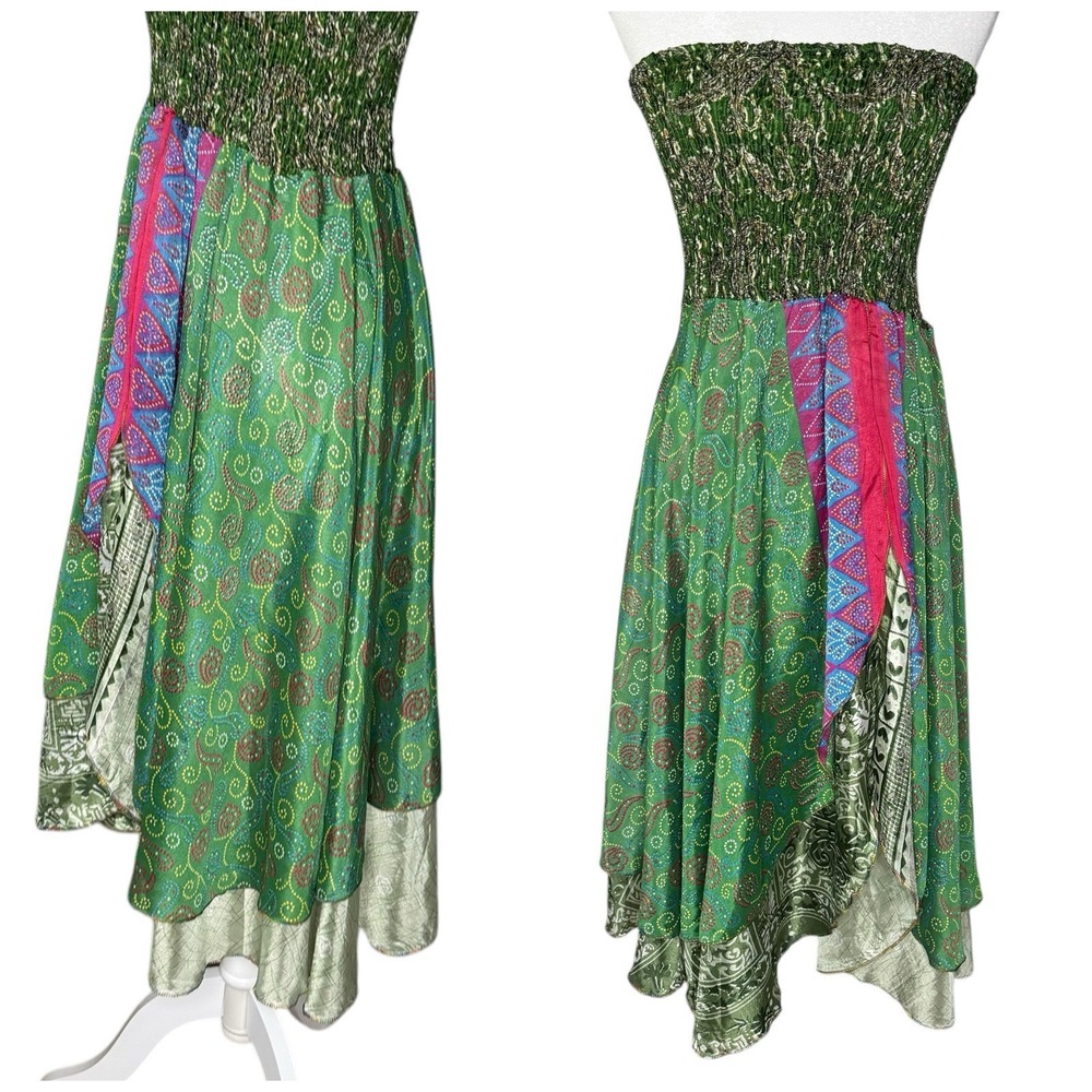 Vintage Green Paisley Midi Dress with Pink & Blue Accent
